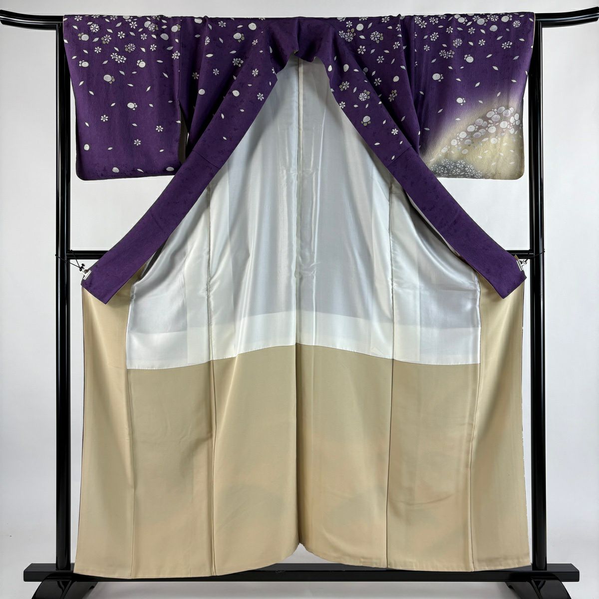 訪問服 身長157.5cm 袖長65.5cm M 雙層 萬壽菊花 花瓣 染分 紫 純蠶絲 優品級