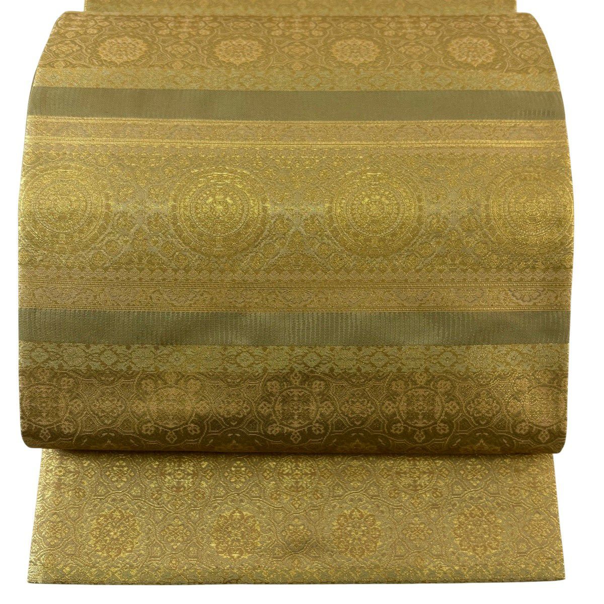 【美品】 袋帶 秀品級 正倉院 段紋 華紋 金金箔 茶綠 お太鼓圖案 純蠶絲