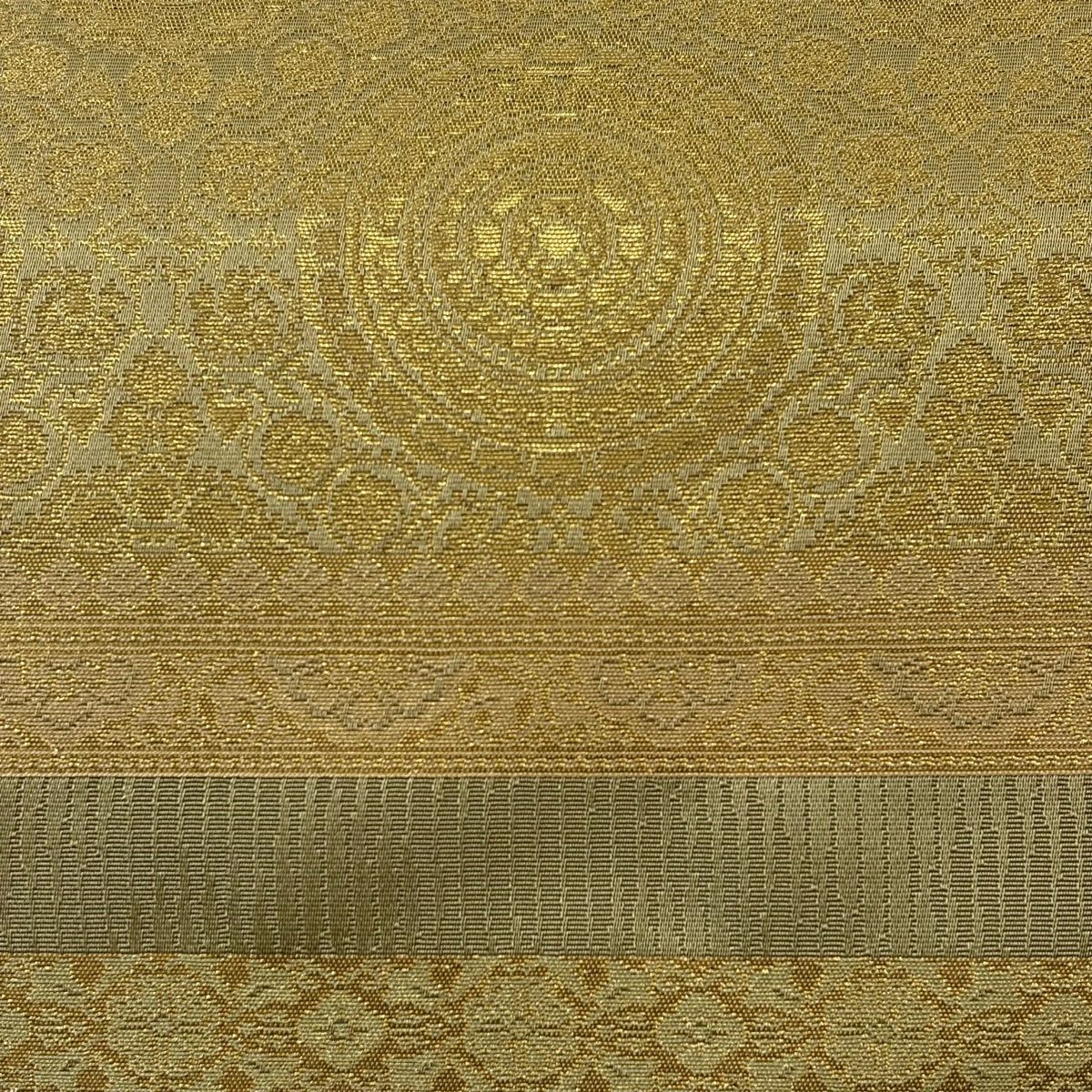 【美品】 袋帶 秀品級 正倉院 段紋 華紋 金金箔 茶綠 お太鼓圖案 純蠶絲