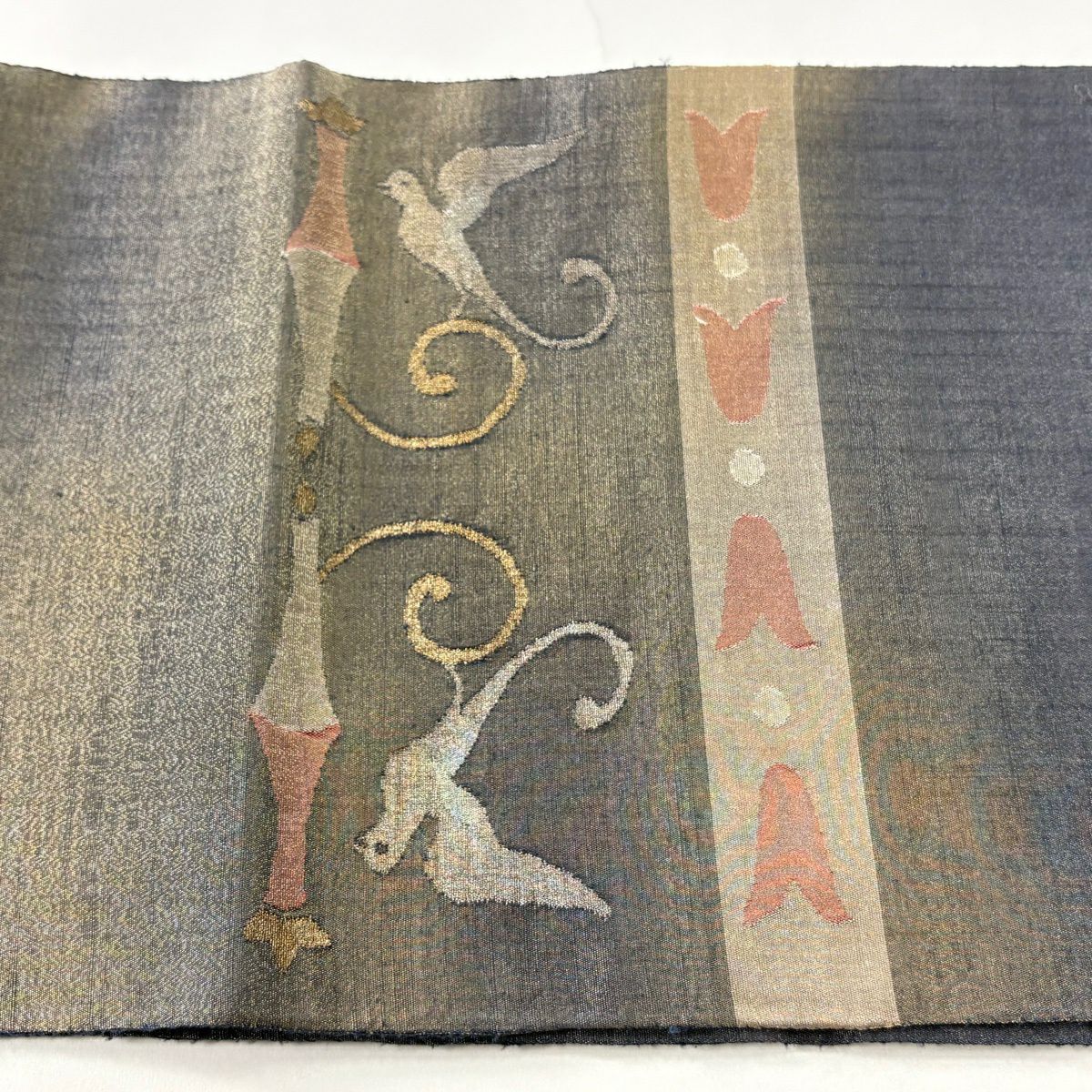 【美品】 袋帶 秀品級 向鳥 金銀絲 灰茶 大鼓圖案 純蠶絲