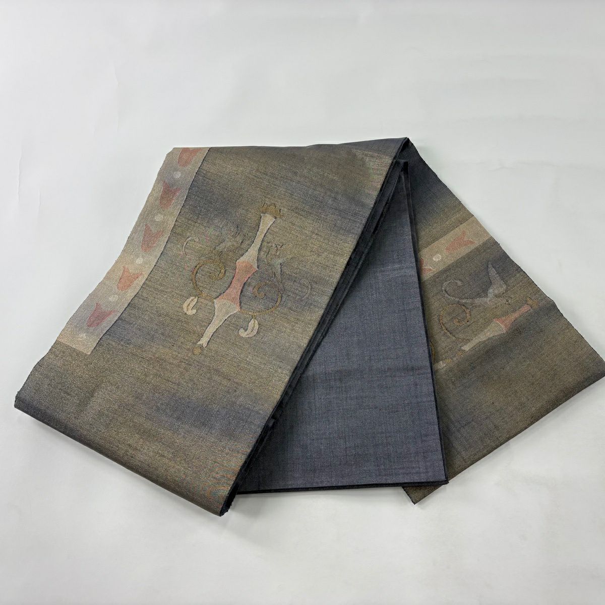 【美品】 袋帶 秀品級 向鳥 金銀絲 灰茶 大鼓圖案 純蠶絲