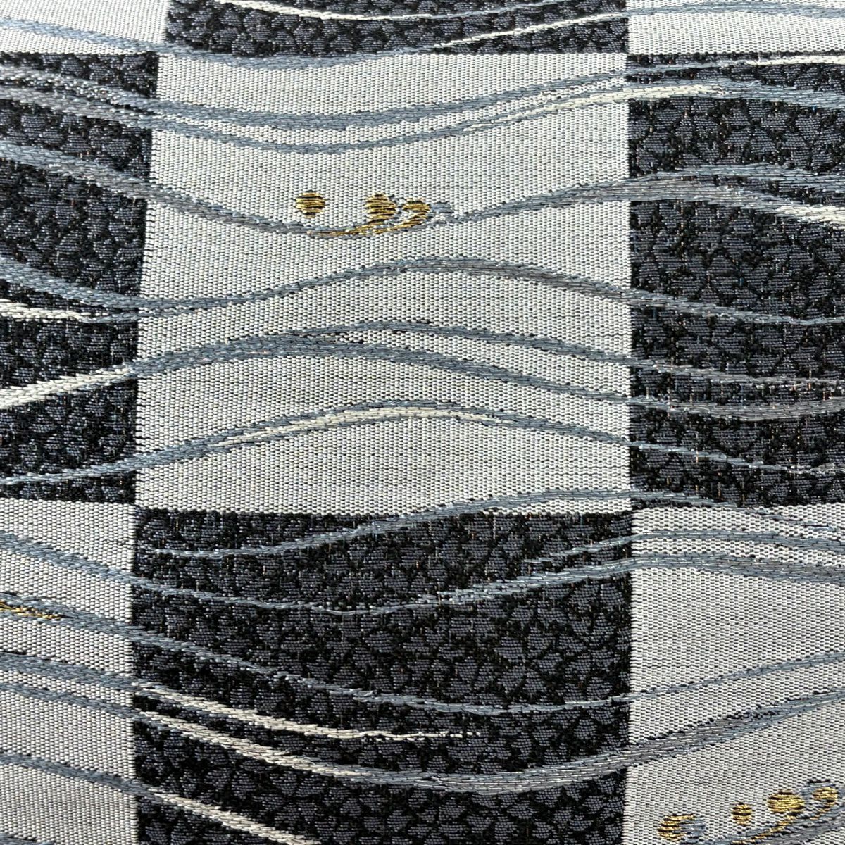 【美品】 袋帶 秀品級 市松樹 よろけ縞 金銀線 灰 深藍 六通 純蠶絲