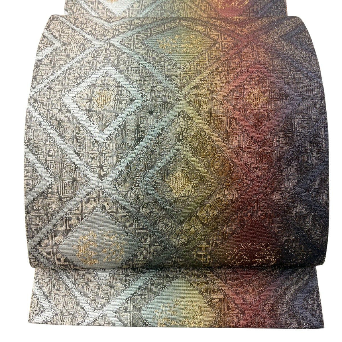 【美品】 袋帶 秀品級 本泥染袋帶 斜格子 菱 金絲 金金箔 灰綠 六通 純蠶絲