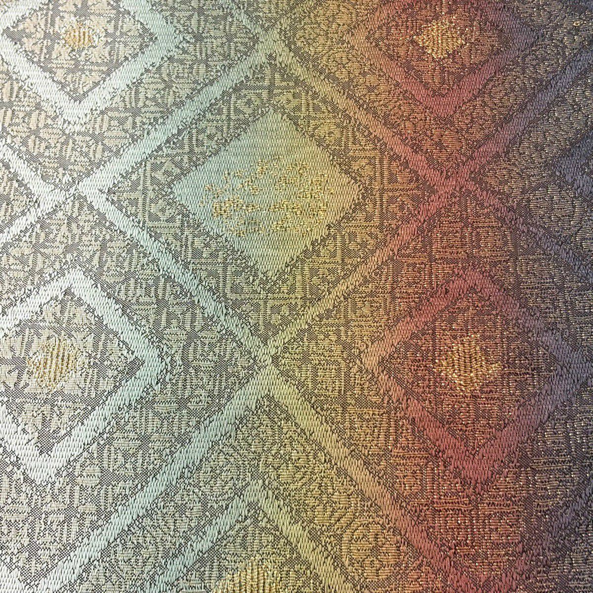【美品】 袋帶 秀品級 本泥染袋帶 斜格子 菱 金絲 金金箔 灰綠 六通 純蠶絲