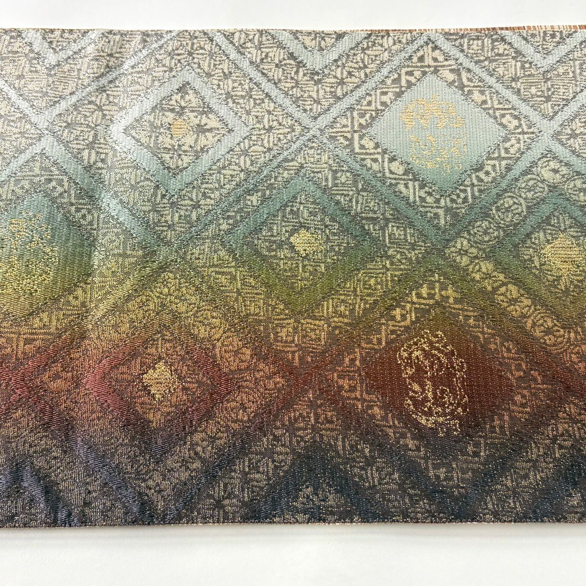 【美品】 袋帶 秀品級 本泥染袋帶 斜格子 菱 金絲 金金箔 灰綠 六通 純蠶絲