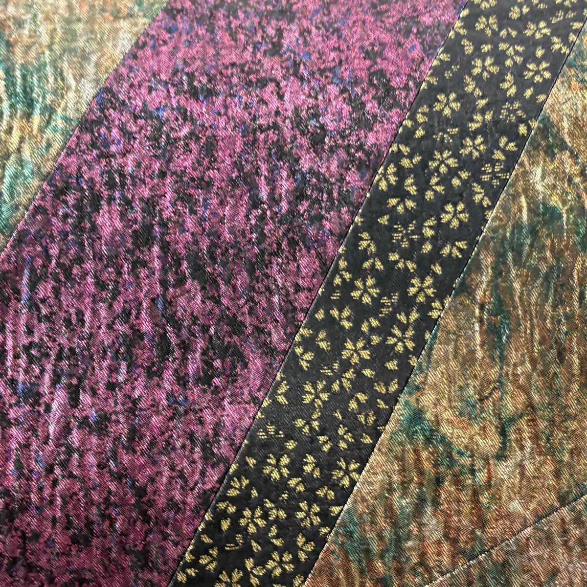 【美品】 袋帶 秀品級 樱花 幾何學 金金箔 切嵌 茶 六通 純蠶絲