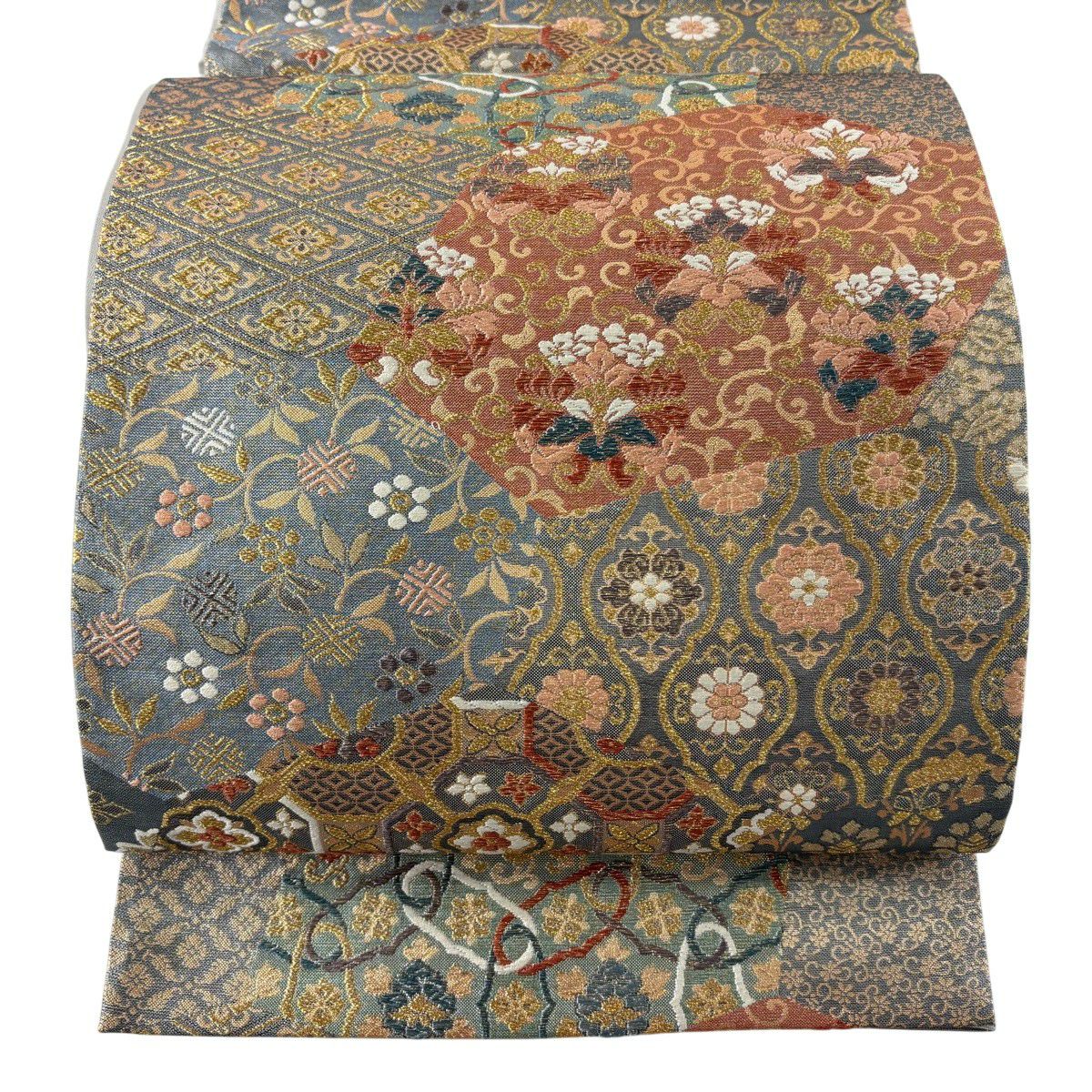 【美品】 袋帶 秀品級 草花紋紋 蜀江文 金絲 金金箔 青灰 六通 純蠶絲