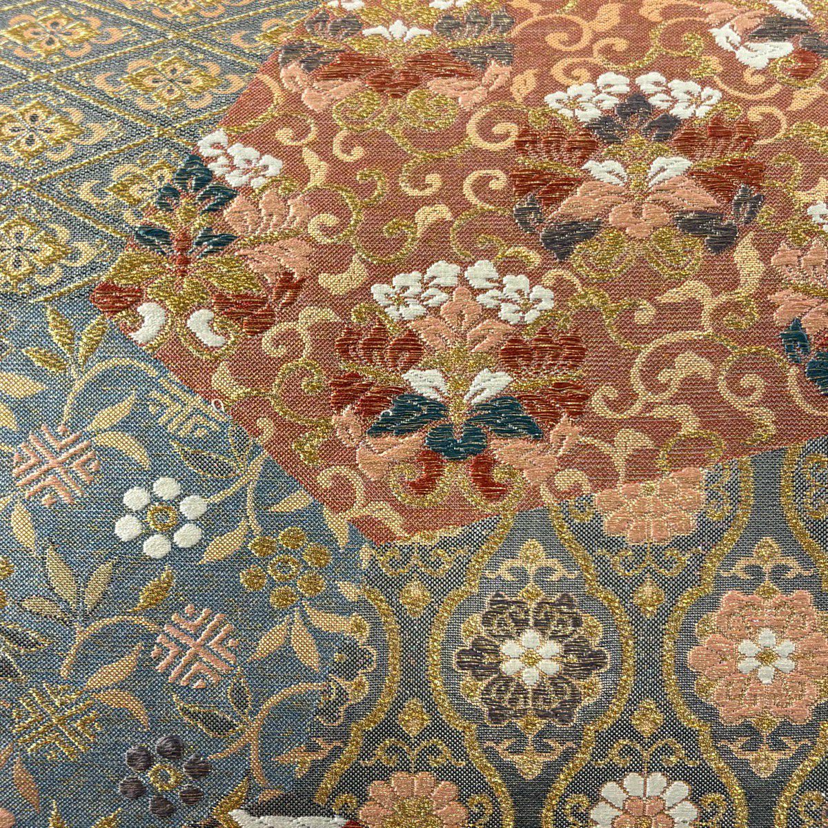 【美品】 袋帶 秀品級 草花紋紋 蜀江文 金絲 金金箔 青灰 六通 純蠶絲
