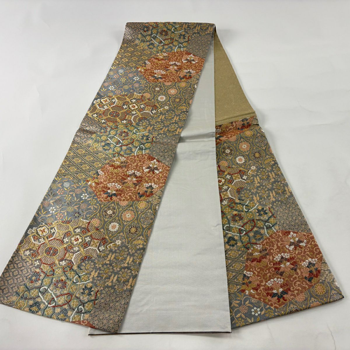 【美品】 袋帶 秀品級 草花紋紋 蜀江文 金絲 金金箔 青灰 六通 純蠶絲