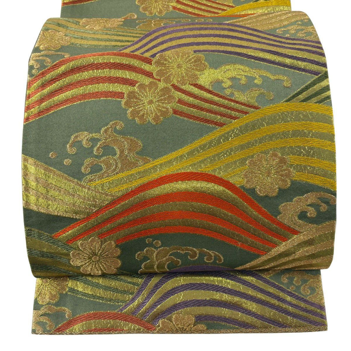 【美品】 袋帶 秀品級 關西仕立 波頭 花 金糸 金金箔 よもぎ色 六通 純蠶絲
