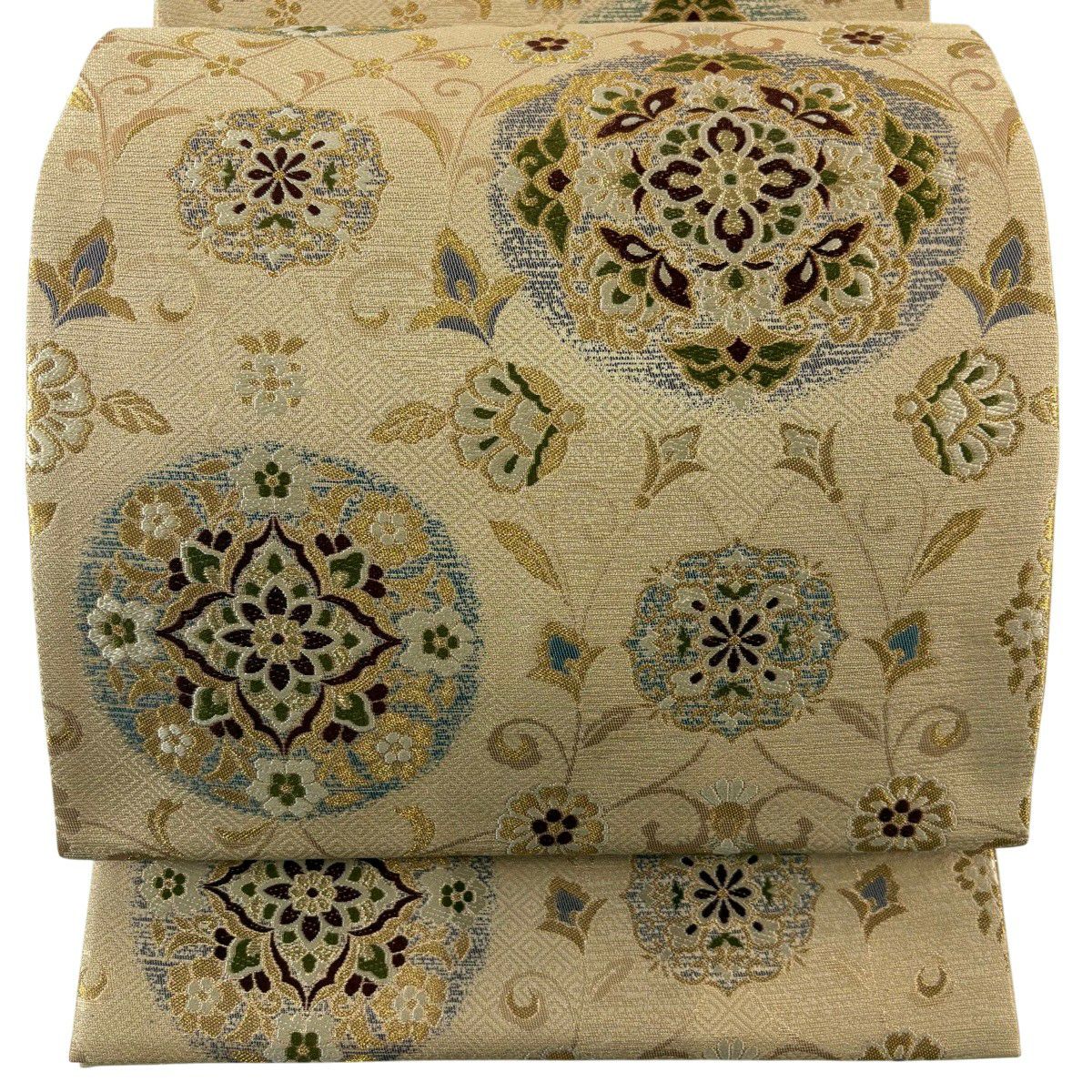 【美品】 袋帶 秀品級 華紋 草花紋 金絲 金金箔 淺茶 六通 純蠶絲
