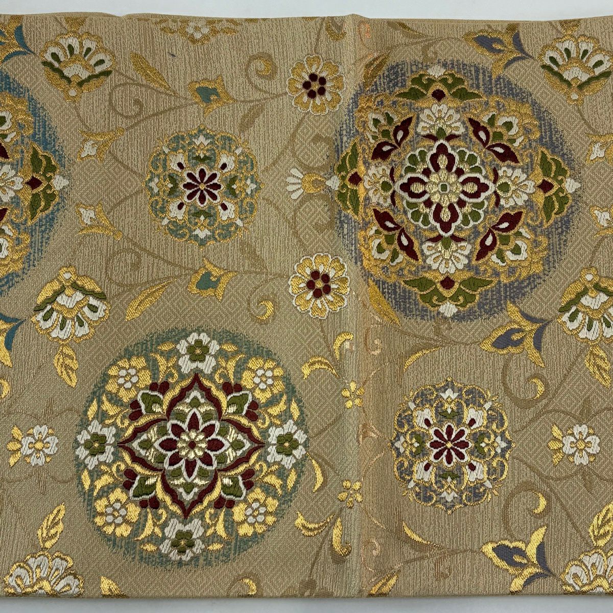 【美品】 袋帶 秀品級 華紋 草花紋 金絲 金金箔 淺茶 六通 純蠶絲