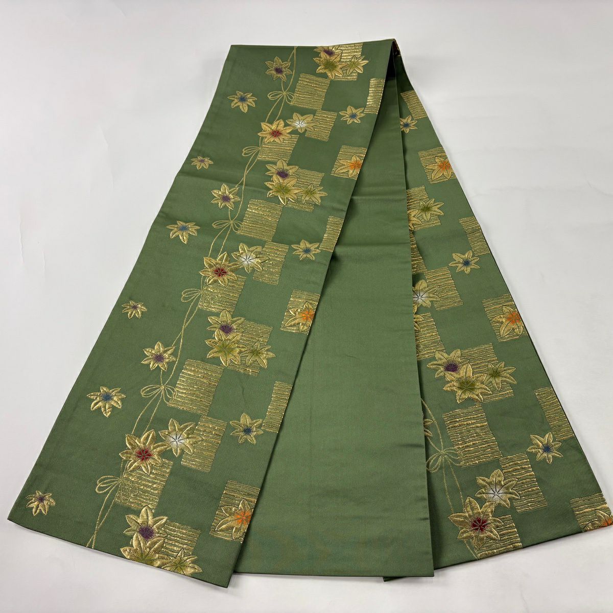 【美品】 袋帶 名古屋帶 秀品級 楓 短冊 金金箔 綠 純蠶絲