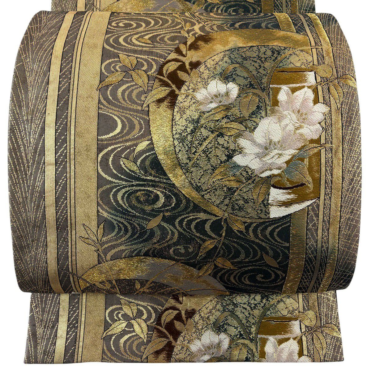 【美品】 袋帶 秀品級 草花紋 流水 金絲 金金箔 金色 六通 純蠶絲
