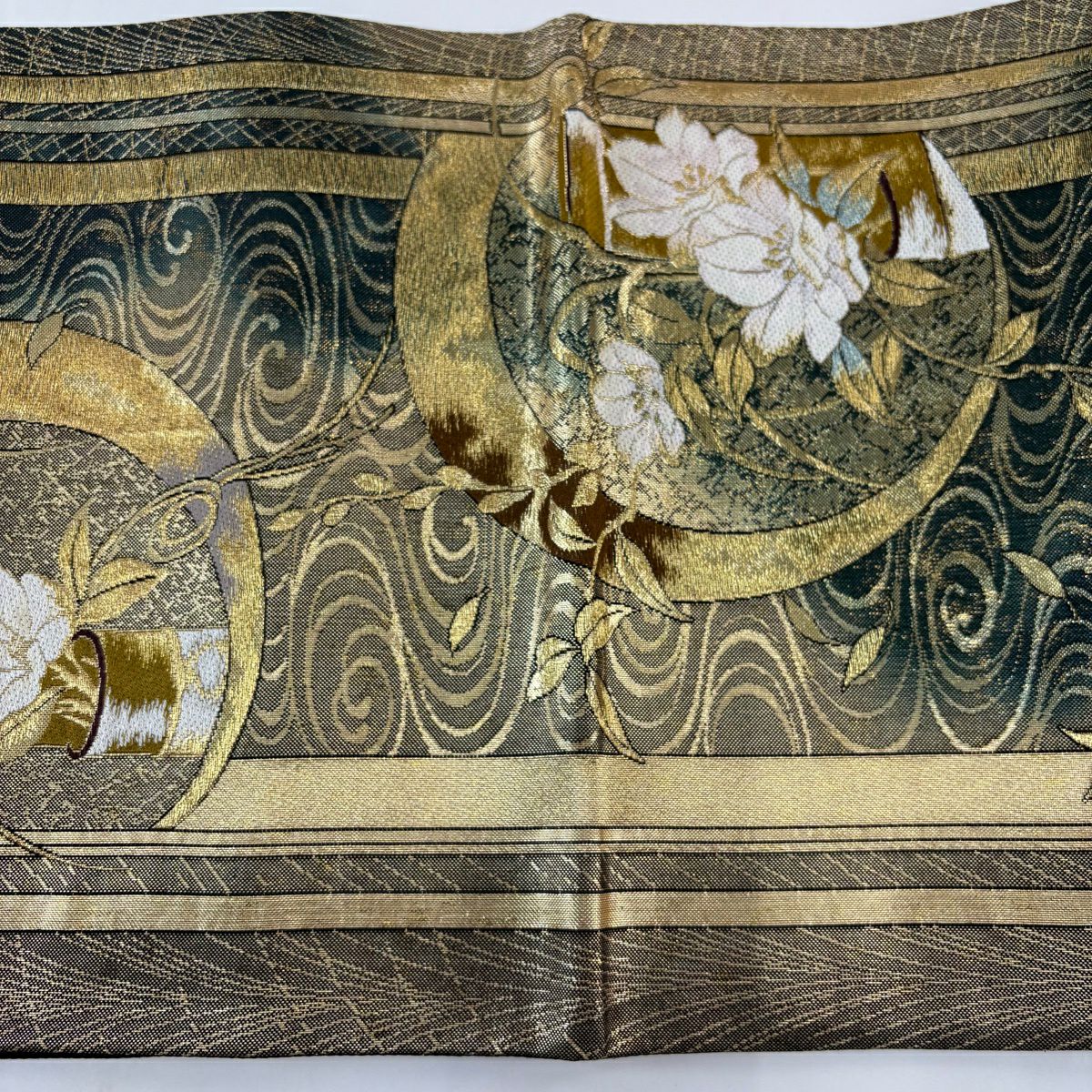 【美品】 袋帶 秀品級 草花紋 流水 金絲 金金箔 金色 六通 純蠶絲