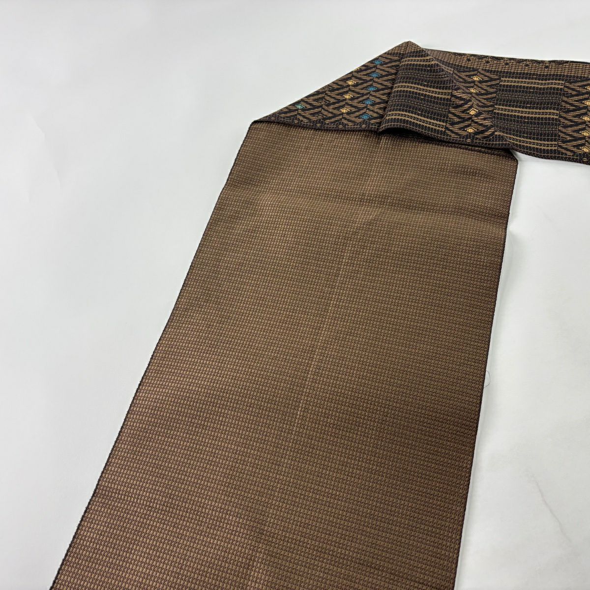 【美品】名古屋帶 秀品級 幾何學 焦茶 純蠶絲