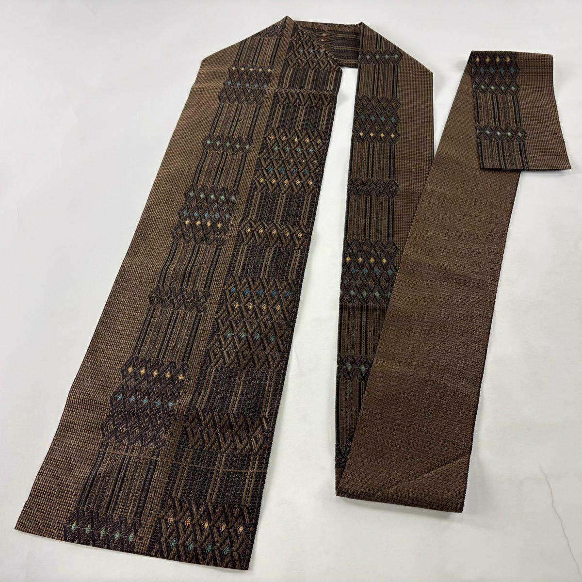 【美品】名古屋帶 秀品級 幾何學 焦茶 純蠶絲