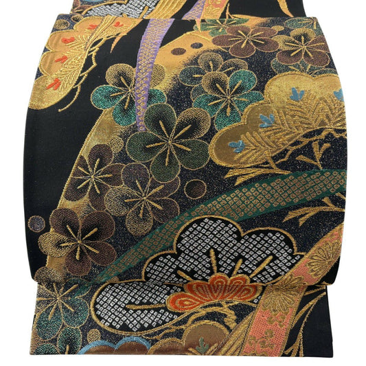 袋帶 秀品級 朱雀 宴 笠松樹 梅花 金糸 金金箔 黑 六通 純蠶絲