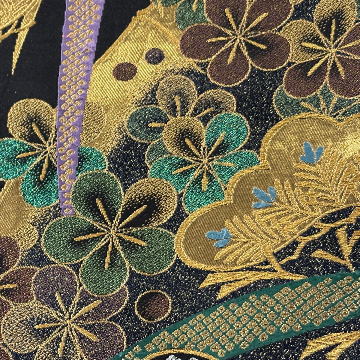 袋帶 秀品級 朱雀 宴 笠松樹 梅花 金糸 金金箔 黑 六通 純蠶絲