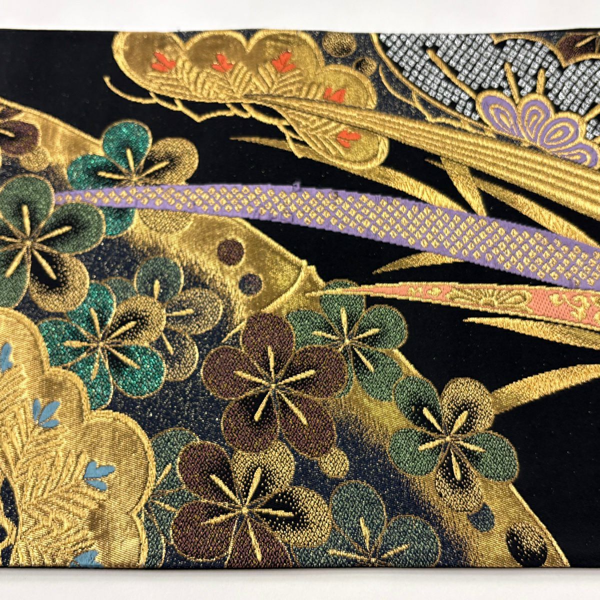 袋帶 秀品級 朱雀 宴 笠松樹 梅花 金糸 金金箔 黑 六通 純蠶絲