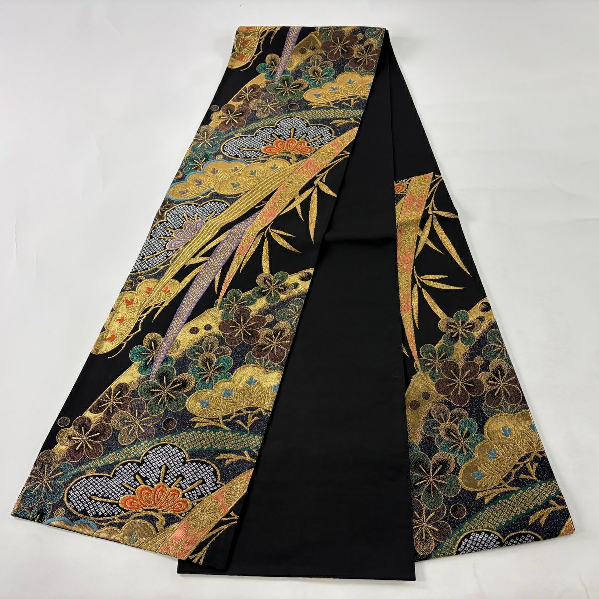 袋帶 秀品級 朱雀 宴 笠松樹 梅花 金糸 金金箔 黑 六通 純蠶絲