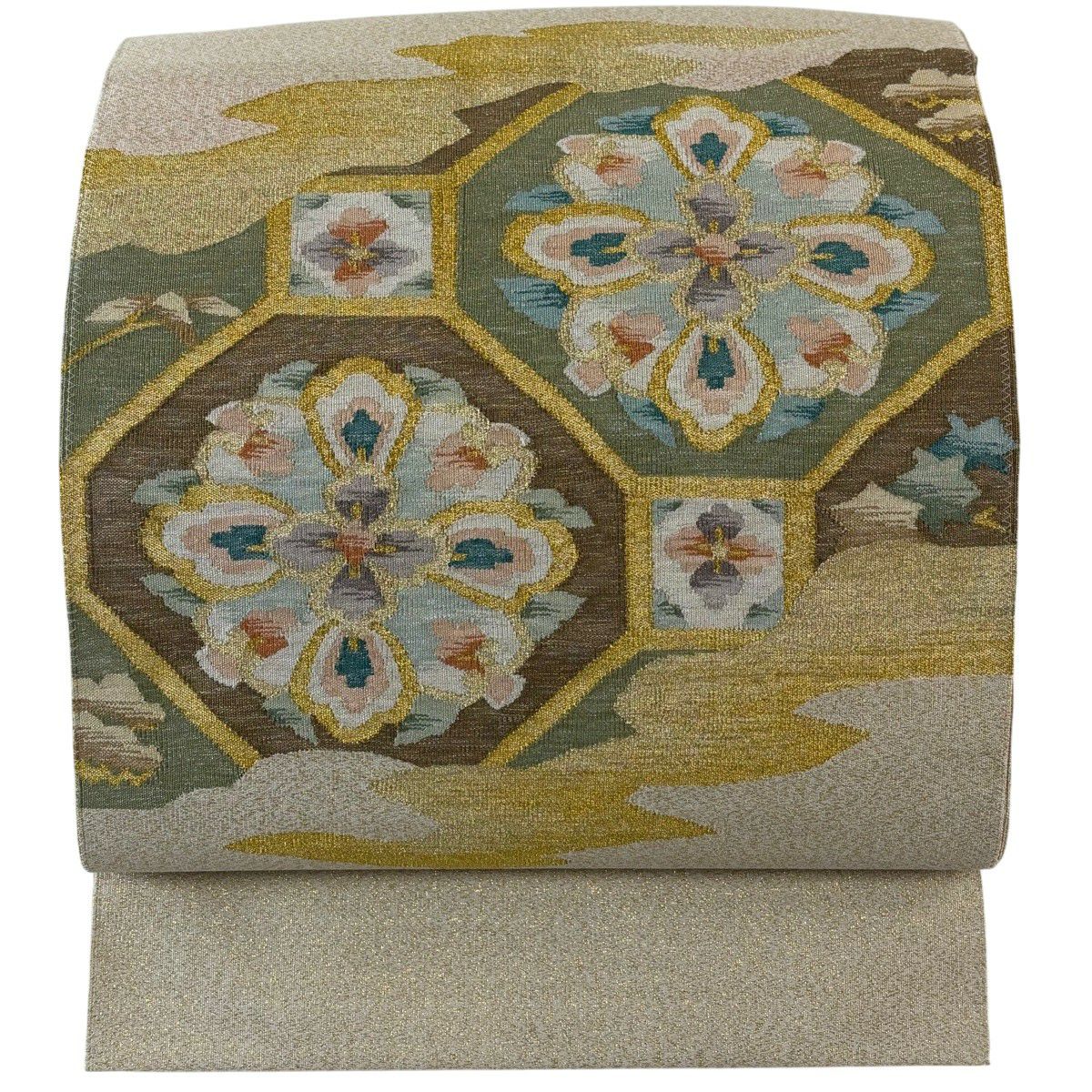 【美品】 名古屋帶 優品級 八寸名古屋帶 松樹葉仕立 蜀江華紋 霞 金銀彩 米色 純蠶絲