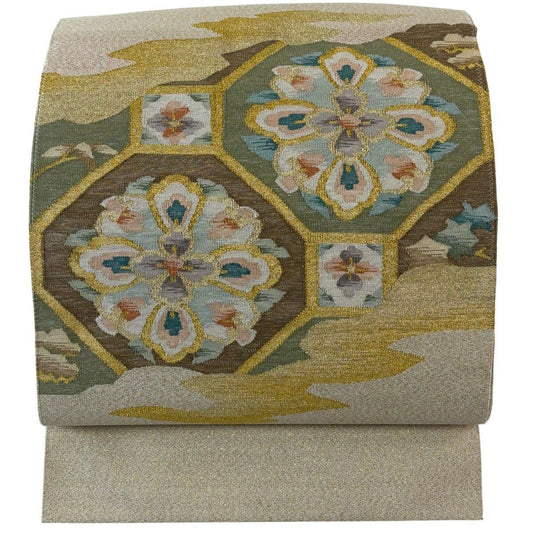 【美品】 名古屋帶 優品級 八寸名古屋帶 松樹葉仕立 蜀江華紋 霞 金銀彩 米色 純蠶絲