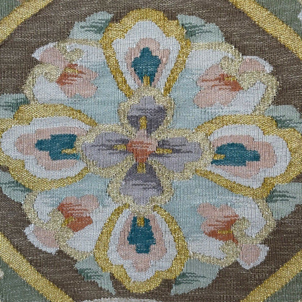 【美品】 名古屋帶 優品級 八寸名古屋帶 松樹葉仕立 蜀江華紋 霞 金銀彩 米色 純蠶絲