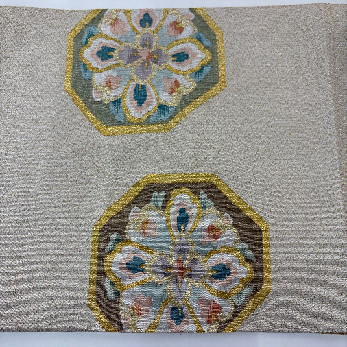 【美品】 名古屋帶 優品級 八寸名古屋帶 松樹葉仕立 蜀江華紋 霞 金銀彩 米色 純蠶絲