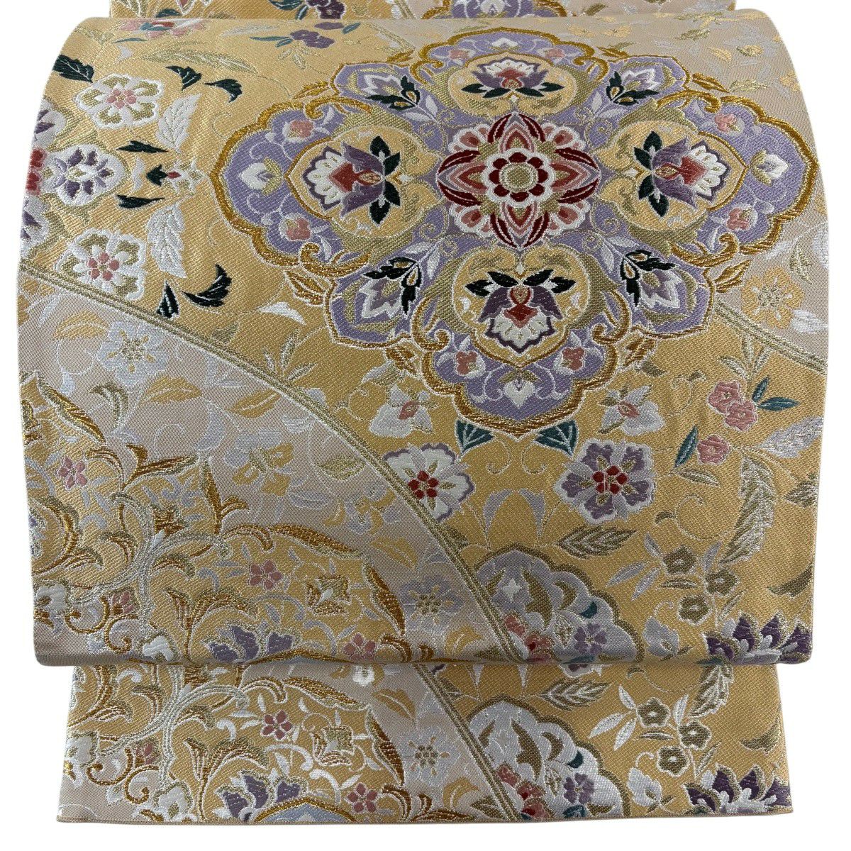 【美品】 袋帶 秀品級 華紋 草花紋 金糸 金金箔 米色 六通 純蠶絲