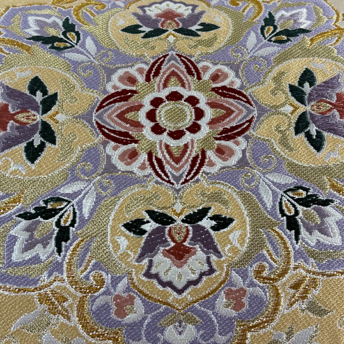 【美品】 袋帶 秀品級 華紋 草花紋 金糸 金金箔 米色 六通 純蠶絲