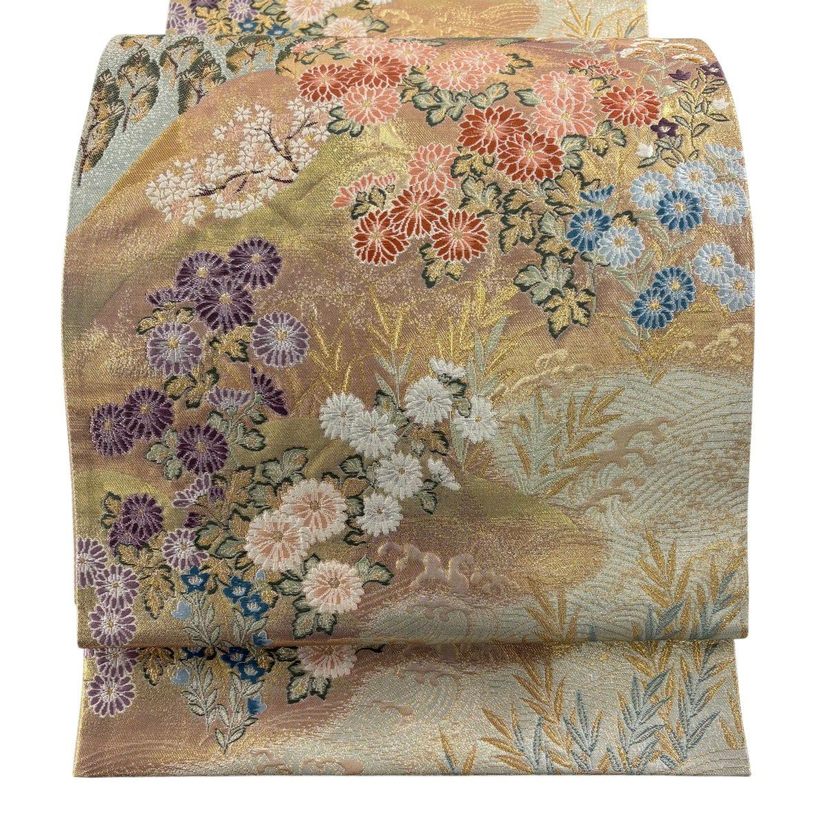 【美品】 袋帶 秀品級 草花紋紋 波刺繡 金金箔 淺綠 六通 純蠶絲