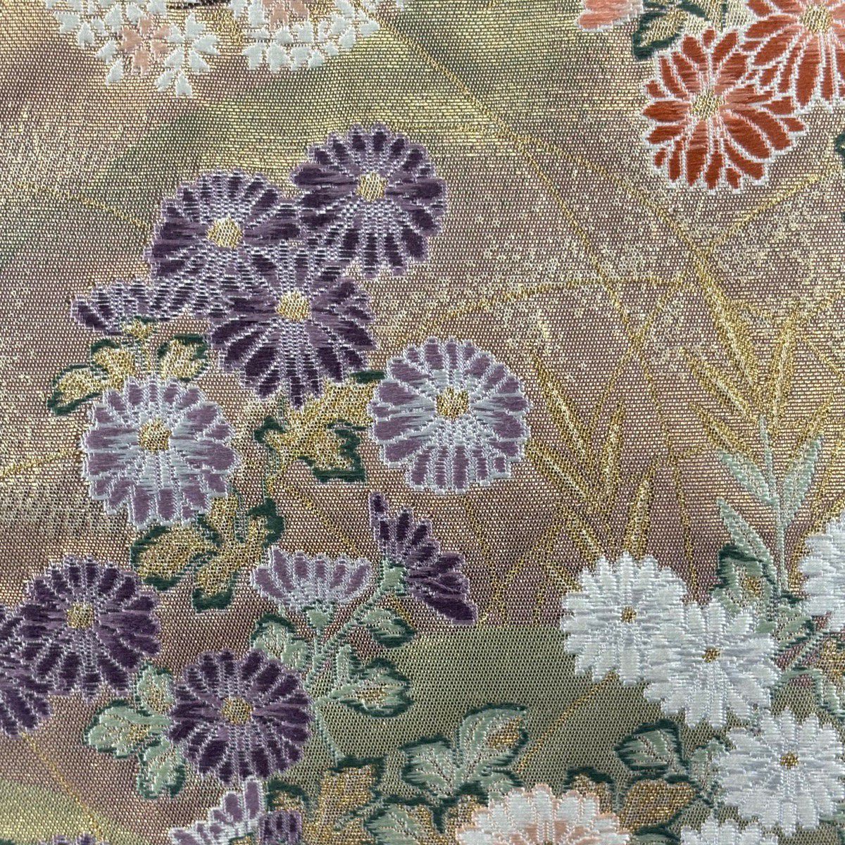 【美品】 袋帶 秀品級 草花紋紋 波刺繡 金金箔 淺綠 六通 純蠶絲