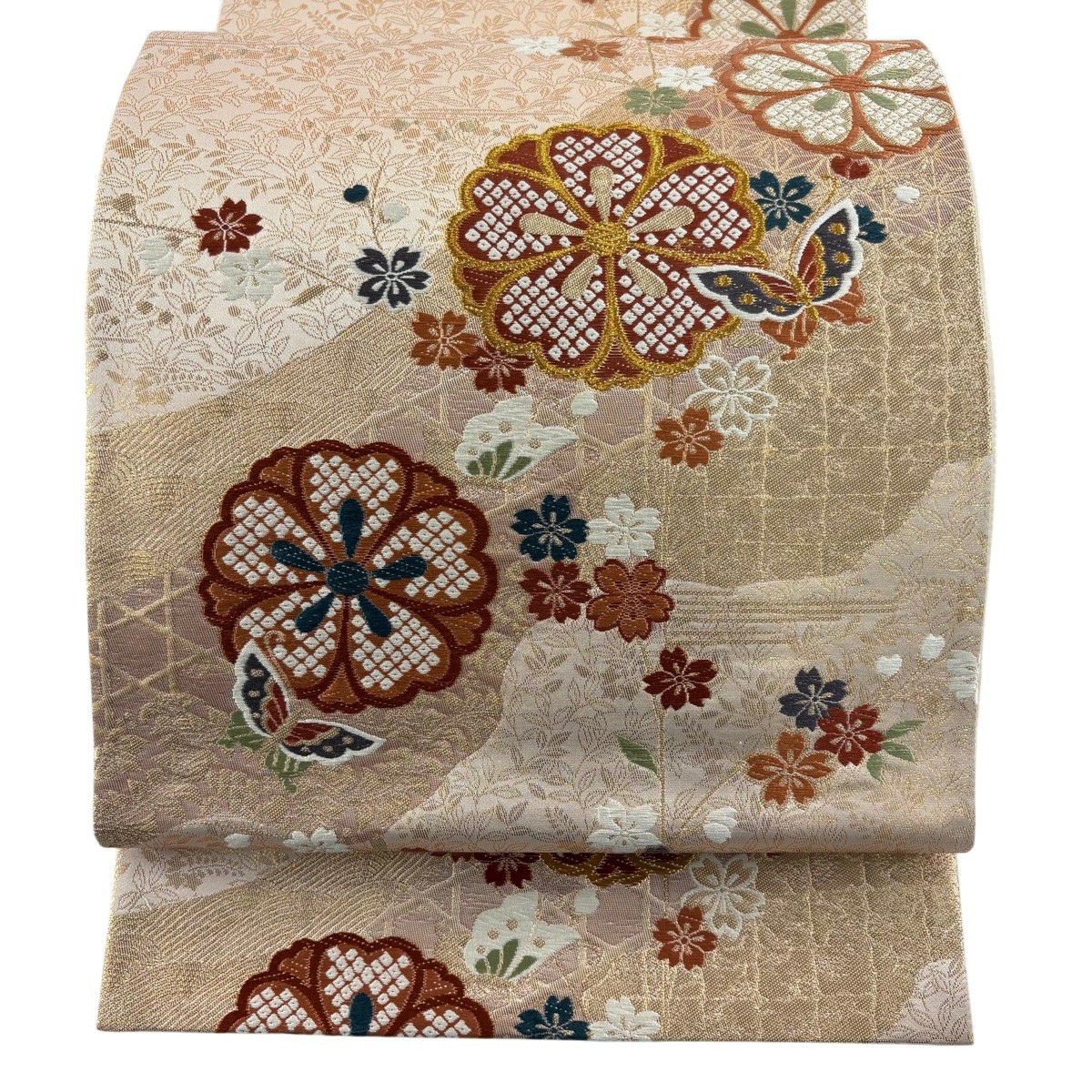 【美品】 袋帶 秀品級櫻花 蝴蝶 金絲刺繡 米色 六通 純蠶絲
