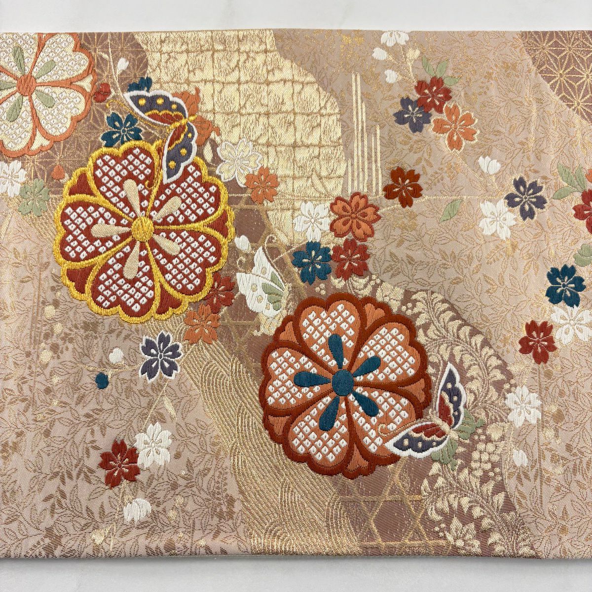 【美品】 袋帶 秀品級櫻花 蝴蝶 金絲刺繡 米色 六通 純蠶絲