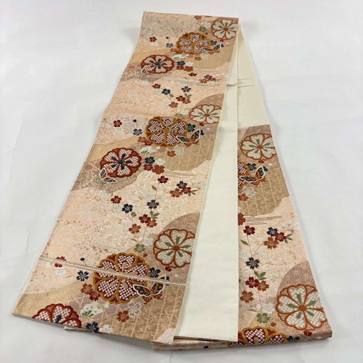 【美品】 袋帶 秀品級櫻花 蝴蝶 金絲刺繡 米色 六通 純蠶絲