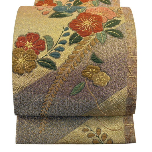 【美品】 袋帶 優品級 辻花染圖案 霞 金金箔 金絲 金色 六通 純蠶絲