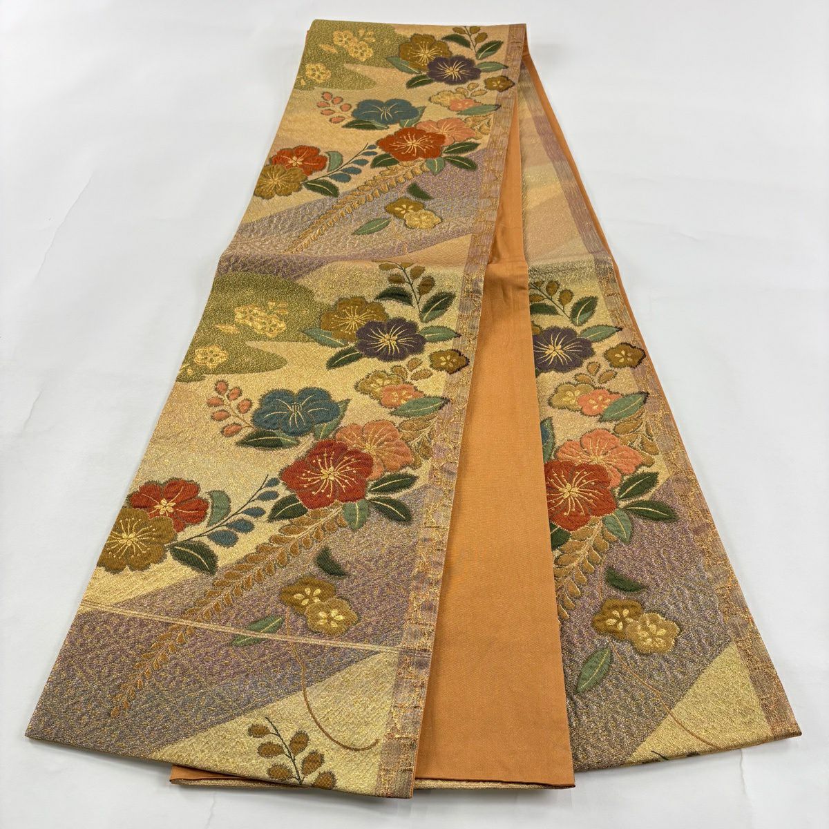 【美品】 袋帶 優品級 辻花染圖案 霞 金金箔 金絲 金色 六通 純蠶絲