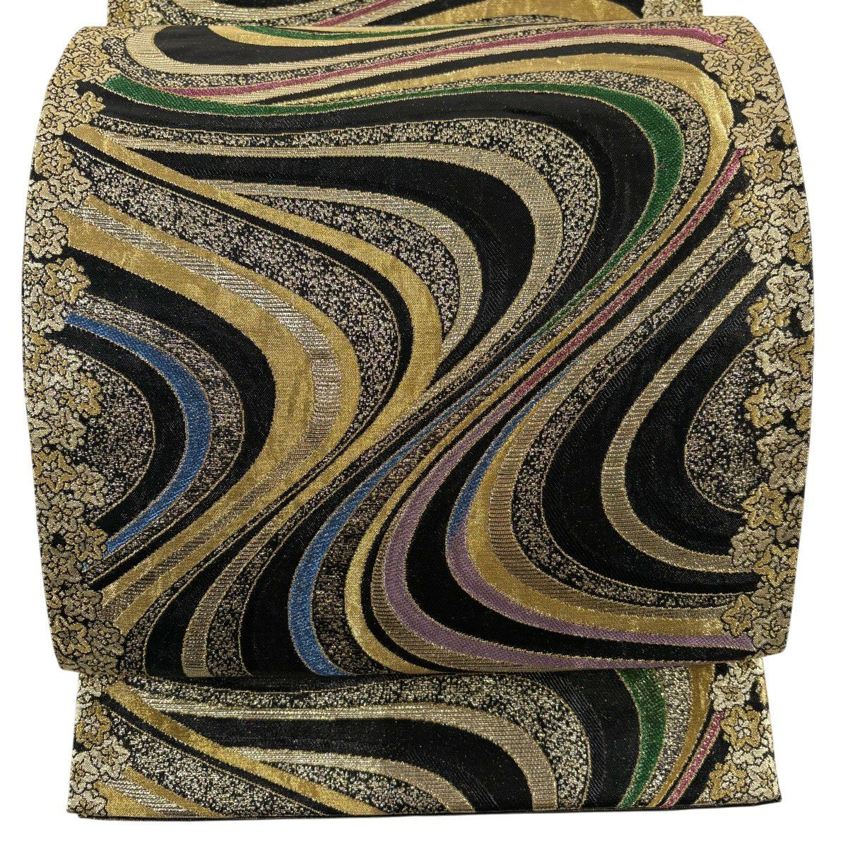 【美品】 袋帶 秀品級 流水 花 金金箔 金絲 黑 六通 純蠶絲