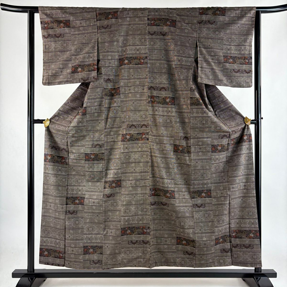 【美品】 紬織 身長156.5cm 袖長61.5cm S 雙層 段縞 草花紋 焦茶 純蠶絲 秀品級