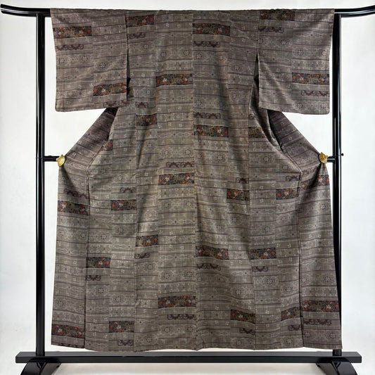 【美品】 紬織 身長156.5cm 袖長61.5cm S 雙層 段縞 草花紋 焦茶 純蠶絲 秀品級