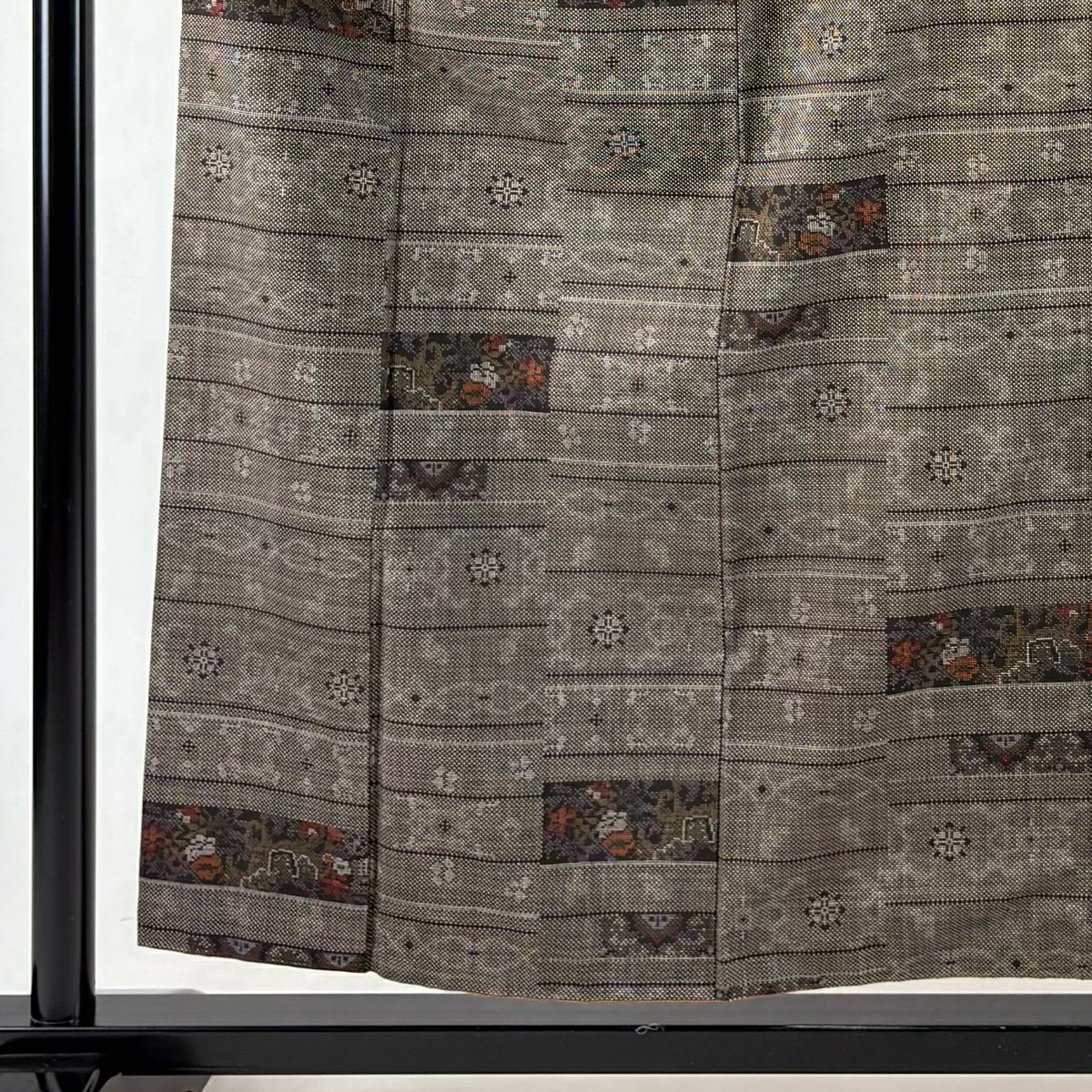 【美品】 紬織 身長156.5cm 袖長61.5cm S 雙層 段縞 草花紋 焦茶 純蠶絲 秀品級