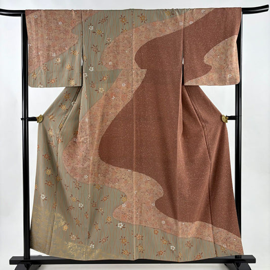 【美品】訪問服 身長155cm 袖長65cm M 雙層 櫻花 霞 金彩裝飾 染分 灰茶 純蠶絲 優品級