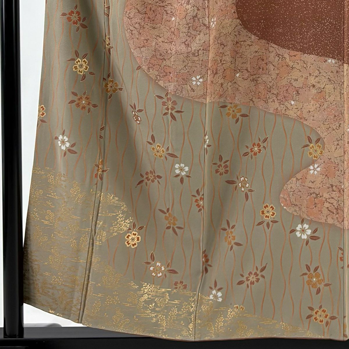 【美品】訪問服 身長155cm 袖長65cm M 雙層 櫻花 霞 金彩裝飾 染分 灰茶 純蠶絲 優品級