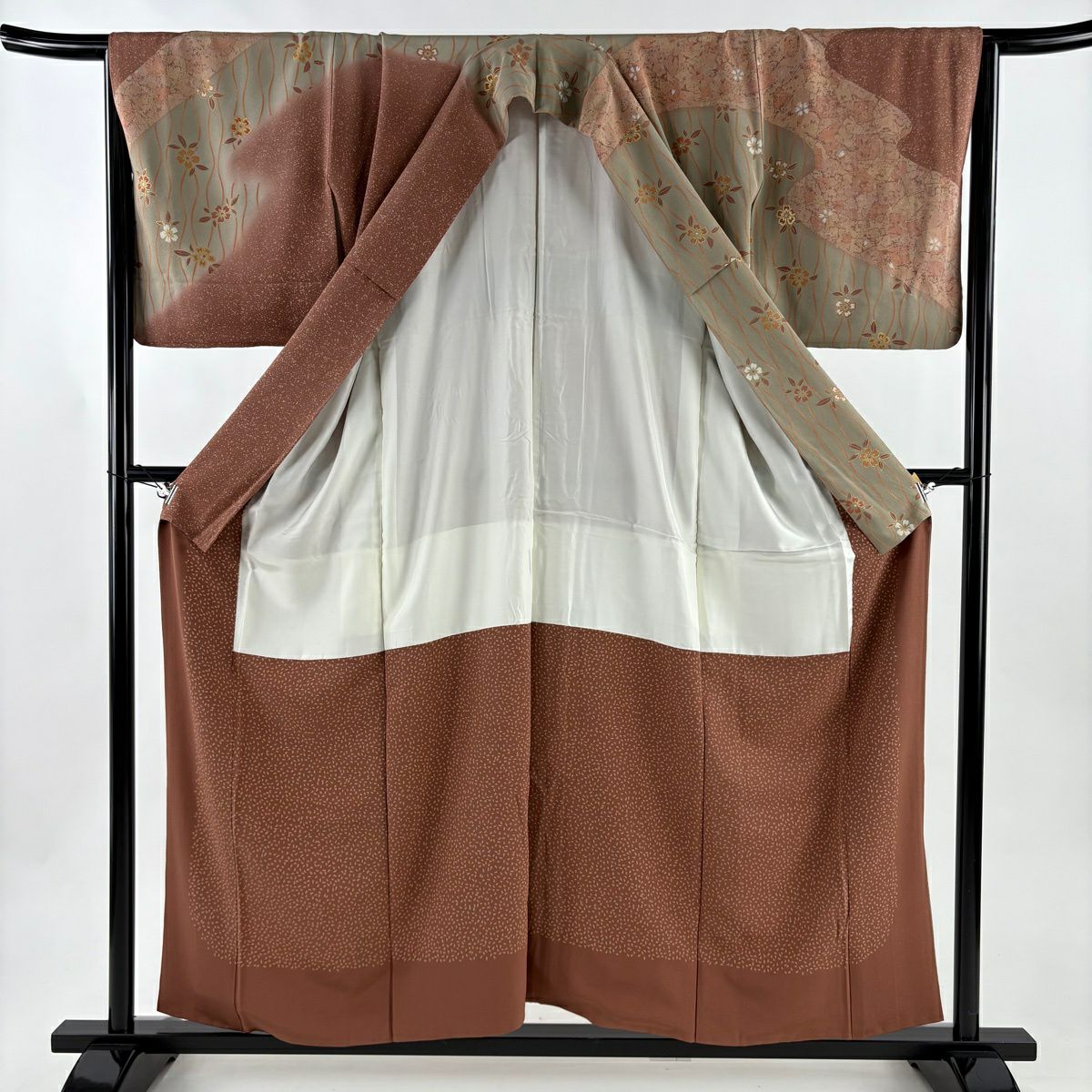 【美品】訪問服 身長155cm 袖長65cm M 雙層 櫻花 霞 金彩裝飾 染分 灰茶 純蠶絲 優品級