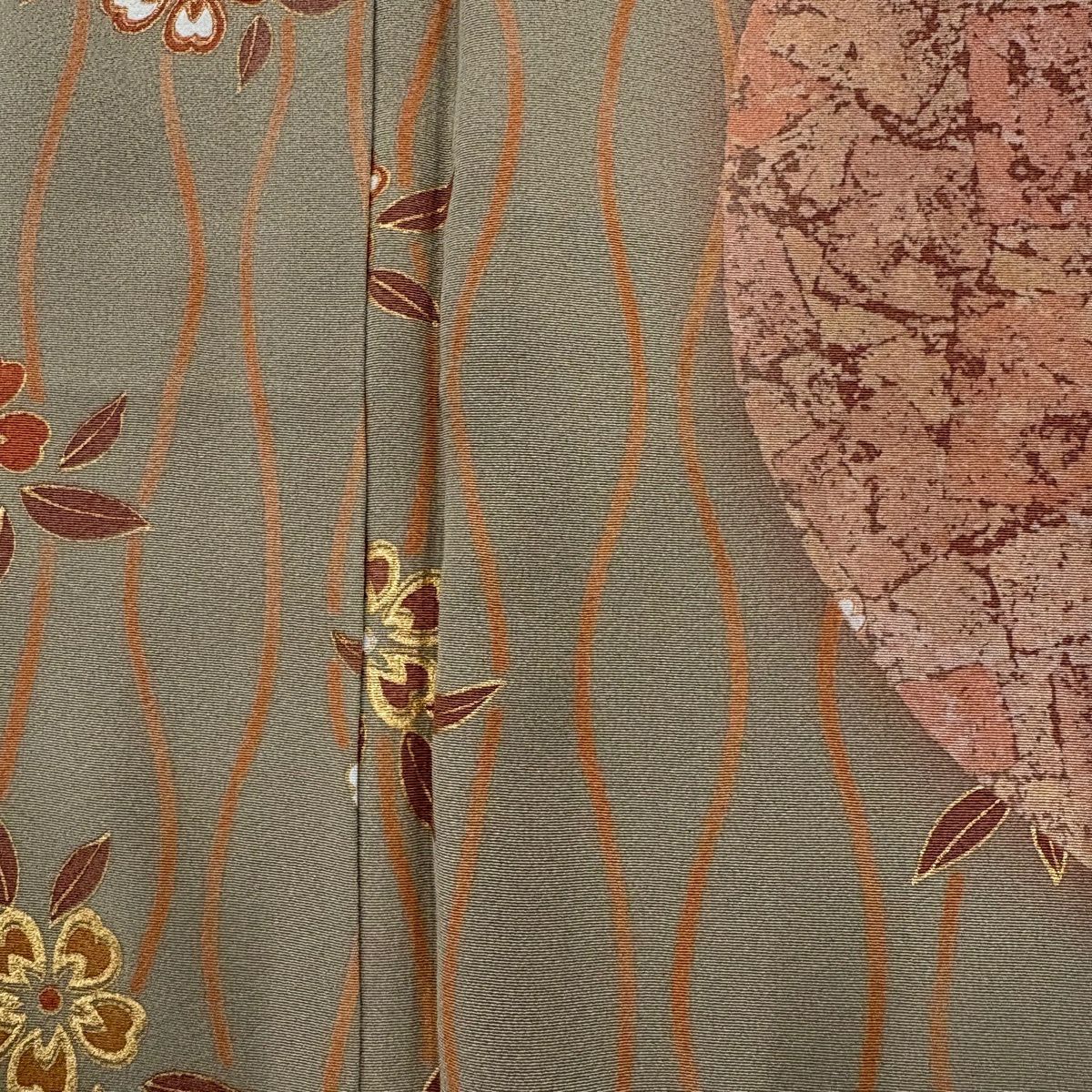 【美品】訪問服 身長155cm 袖長65cm M 雙層 櫻花 霞 金彩裝飾 染分 灰茶 純蠶絲 優品級