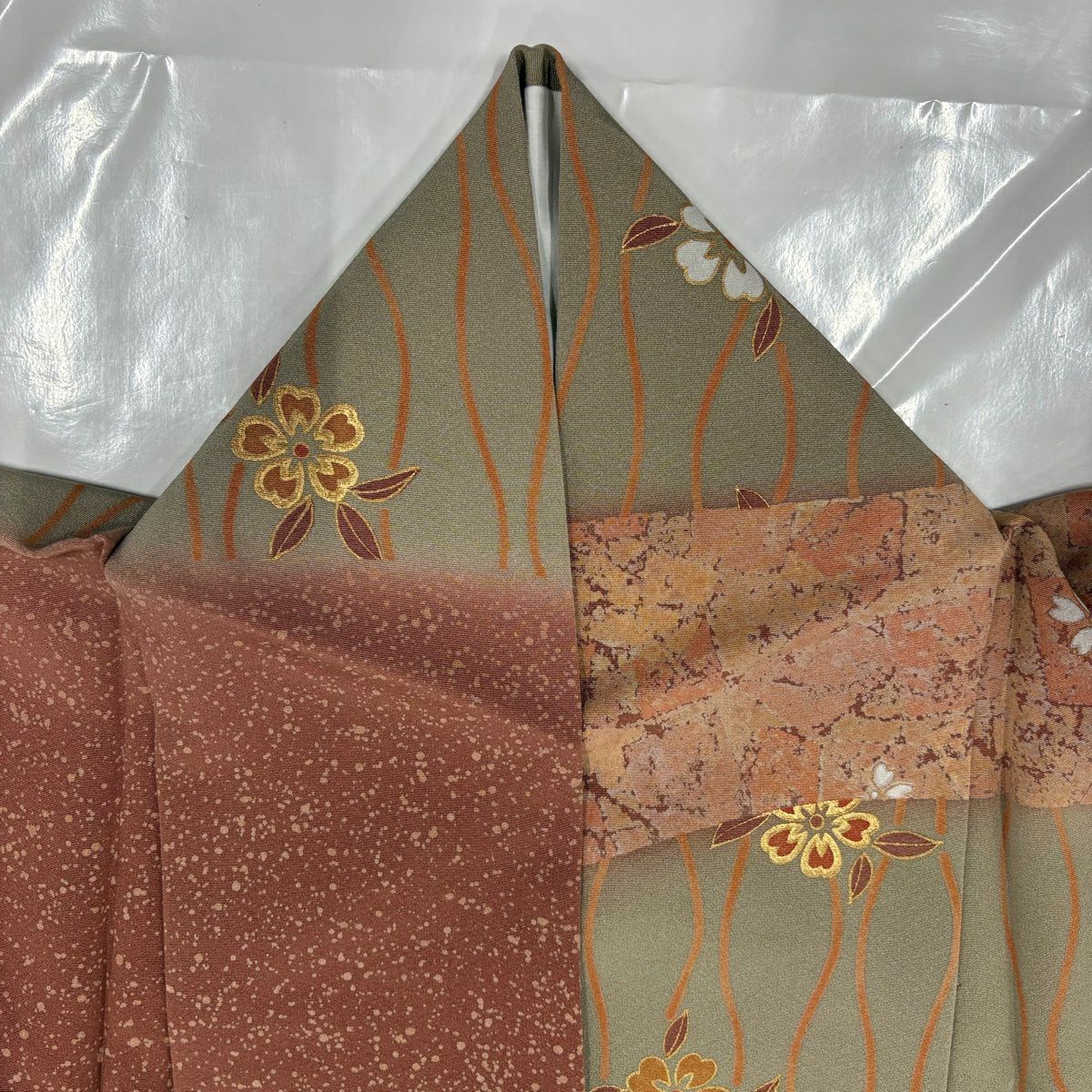 【美品】訪問服 身長155cm 袖長65cm M 雙層 櫻花 霞 金彩裝飾 染分 灰茶 純蠶絲 優品級