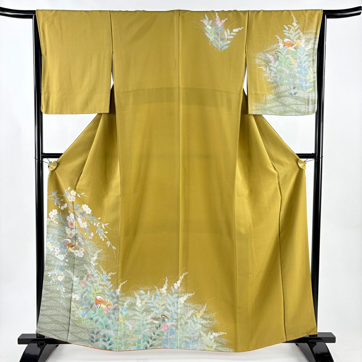 訪問服 身長162cm 袖長65.5cm M 雙層 鴛鴦 櫻花 山吹茶 純蠶絲 秀品級