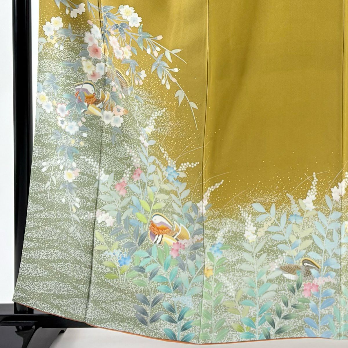 訪問服 身長162cm 袖長65.5cm M 雙層 鴛鴦 櫻花 山吹茶 純蠶絲 秀品級