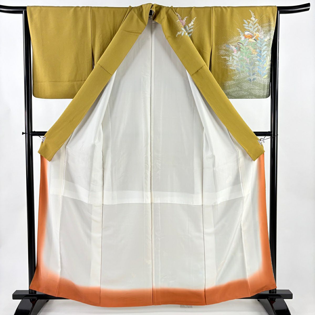 訪問服 身長162cm 袖長65.5cm M 雙層 鴛鴦 櫻花 山吹茶 純蠶絲 秀品級